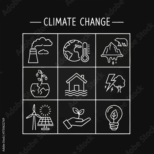 Climate Change Impacts and Solutions: A comprehensive icon set depicting global warming, pollution, rising sea levels, and renewable energy for environmental awareness.