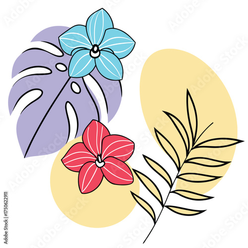 Elegant monoline orchid flower with tropical leaves illustration