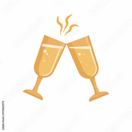 Illustration of two champagne flutes clinking together with bubbles rising, symbolizing celebration, joy, and special occasions in a festive atmosphere