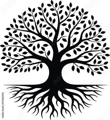 Stylized black silhouette of a tree of life with intricate roots