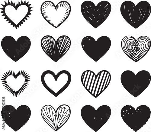 Diverse hand drawn heart icons for love and design
