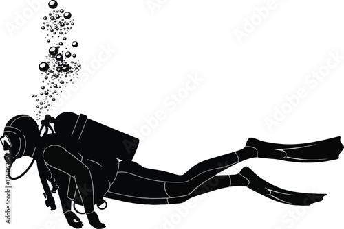 Silhouette of a scuba diver with bubbles illustration diving and underwater adventure concepts isolated on white background