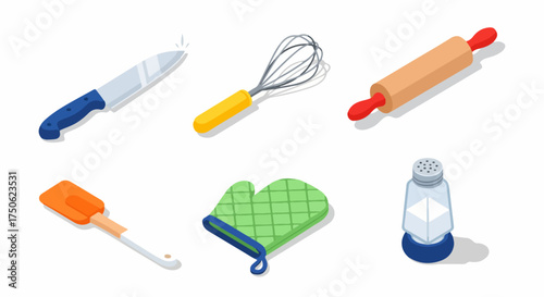 Essential kitchen and baking tools set in isometric flat design, featuring a knife, whisk, rolling pin, spatula, oven mitt, and salt shaker.