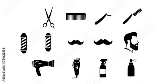 Collection of classic barber shop tools and symbols including scissors comb razor mustache beard and hairdryer for grooming and styling