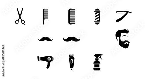 Collection of classic barber shop tools and symbols including scissors comb razor mustache beard and hairdryer for grooming and styling