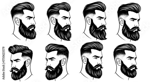 Collection of diverse beard styles and haircuts for men showcasing masculine grooming and modern barbering trends in a black and white illustration
