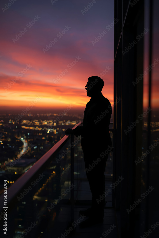 Fototapeta premium A silhouette of a man standing on a skyscraper balcony at sunset, with city lights below, a symbol of financial success.