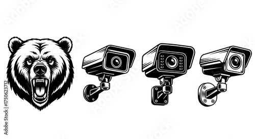 Fierce grizzly bear head with open mouth alongside three security surveillance cameras in a row against white background