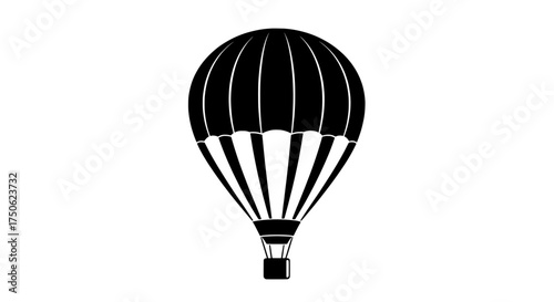 Classic black and white silhouette of a vintage hot air balloon with a basket suspended below against a transparent background