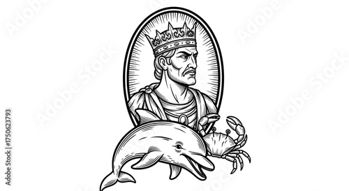 Stylized black and white illustration of a regal king wearing a crown holding a dolphin and a crab in an oval frame