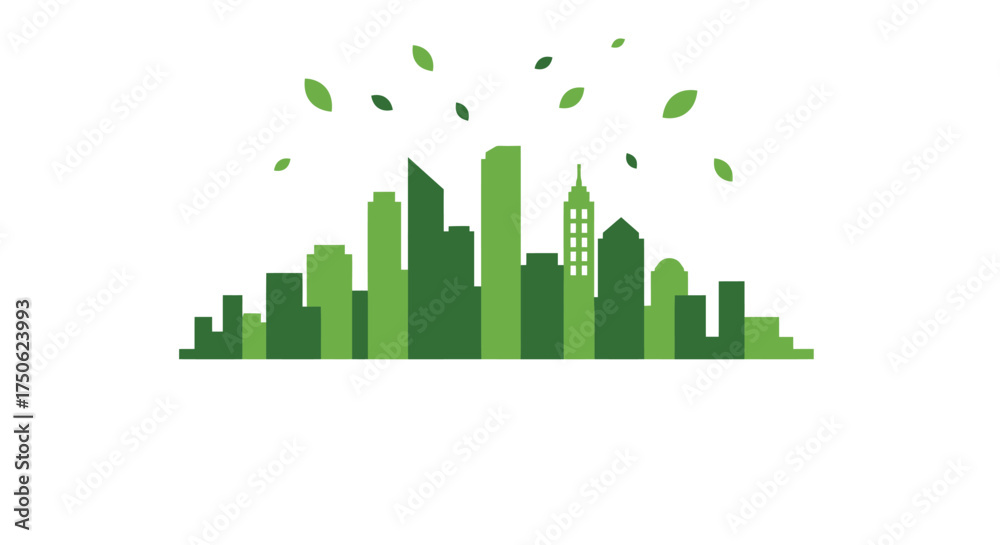 Fototapeta premium Green city skyline with falling leaves representing nature and urban spaces
