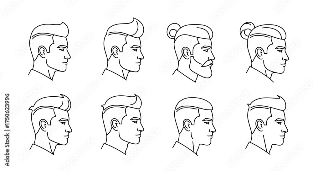 Fototapeta premium Collection of eight hand drawn black and white profile sketches of men s hairstyles and facial hair variations