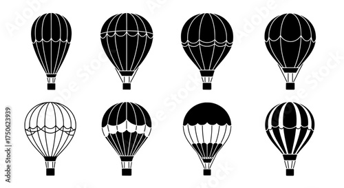 Collection of eight detailed black and white hot air balloon illustrations in a grid formation against a transparent background