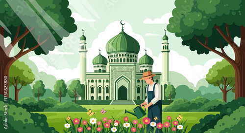 Serene vista of a mosque garden cared for by a gardener in the summer sun