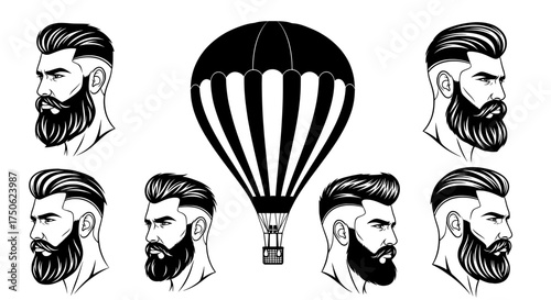 Collection of stylish hipster men with beards and haircuts surrounding a vintage hot air balloon illustration on a transparent background