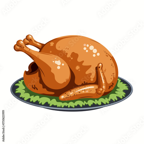 Illustration of a perfectly cooked roasted turkey placed on a platter garnished with fresh, crisp green lettuce leaves, showcasing a rich golden-brown texture