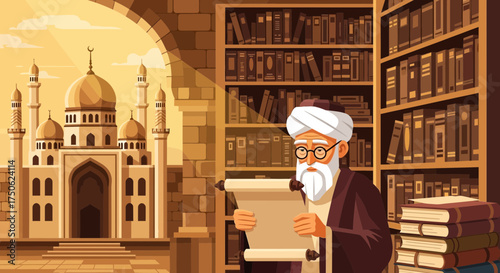 The scholar reads the ancient scroll in the library against the background of the mosque