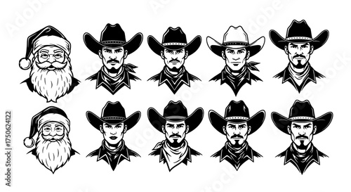 Collection of hand drawn cowboy portraits and santa claus faces in a rustic sketch style