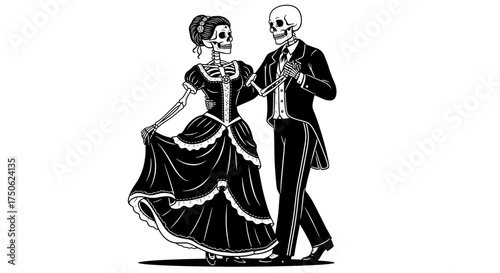 Elegant skeletons dancing together in formal victorian attire a romantic and macabre illustration
