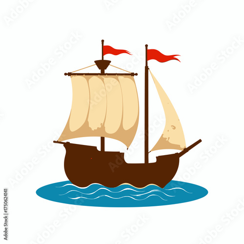 Illustration of a Classic Wooden Sailing Ship with Dual Masts and Red Flags Navigating Calm Blue Waters Against a Clear White Background