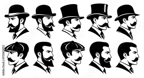 Collection of vintage gentleman portraits featuring diverse hairstyles moustaches and hats in black and white illustration style