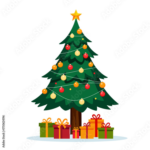 Festively Decorated Evergreen Tree with Glimmering Ornaments and Colorful Presents at Its Base for a Joyful Christmas Celebration