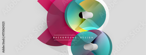Abstract colorful shapes overlap, creating dynamic composition. White background enhances vibrant hues, modern design element.