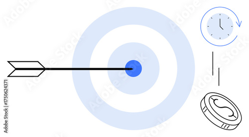 Arrow piercing the center of a target, accompanied by a clock and a coin. Ideal for goal achievement, time management, financial success, precision, focus, productivity, simple flat metaphor