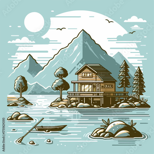 Illustration of a house on the river bank