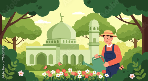 Gardener's devotion: Nurturing a flower garden near a serene green mosque