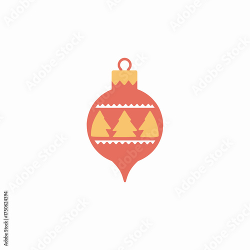 Elegant Festive Ornament with Red and Gold Holiday Design Featuring Stylized Evergreen Trees on a Classic Bauble Shape for Seasonal Decoration