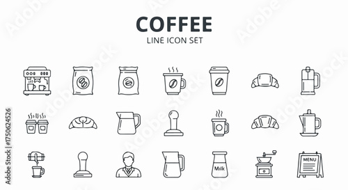 Comprehensive line icon set showcasing various coffee shop elements, including machines, drinks, pastries, and barista tools, ideal for web and app design.