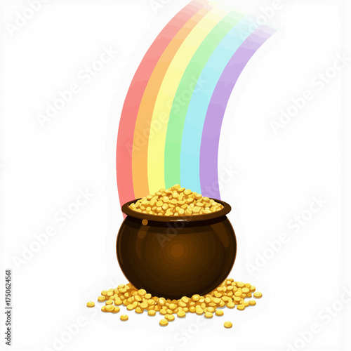 A magical pot filled with gleaming gold coins under a vibrant rainbow symbolizing fortune, prosperity, and the enchantment of mythical treasures
