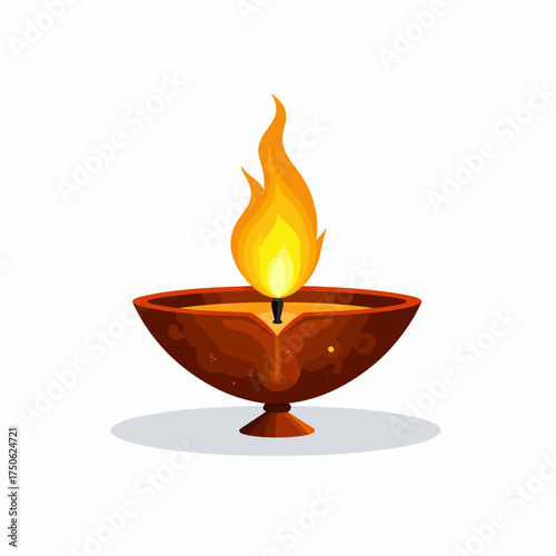 Illustration of a Traditional Decorative Oil Lamp with a Glowing Flame on a Simple White Background Symbolizing Light, Celebration, and Festivity