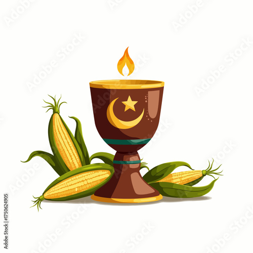Illustration of a Decorative Chalice with Flame Surrounded by Corn on the Cob with Green Husks