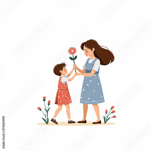 A heartwarming illustration of a mother and child sharing a flower amidst a simple floral backdrop, symbolizing love, bonding, and the joy of family connections