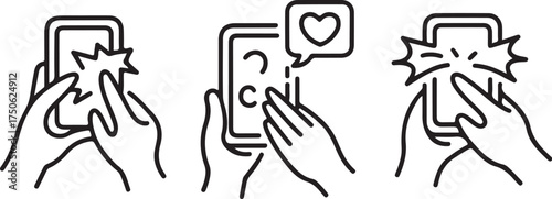 Hands interact with phone screens showing social media likes