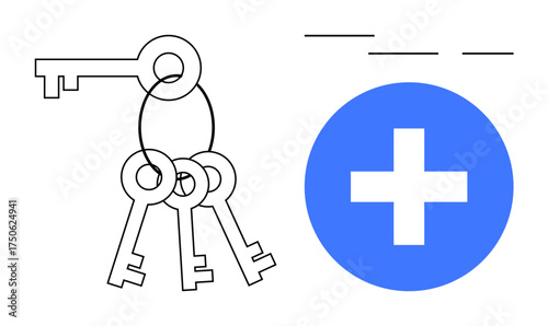 Black keyring with three keys beside a blue circle with a plus sign, symbolizing access, security, addition, or healthcare. Ideal for security, solutions, progress, opportunities healthcare