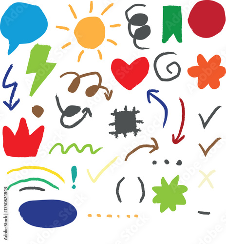 Collection of handdrawn doodle elements including a speech bubble, sun, lightning bolt, heart, crown, arrows, check marks, and abstract shapes, isolated on white background