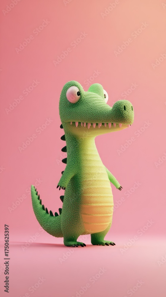 Naklejka premium Cute cartoon alligator standing on a pink background.