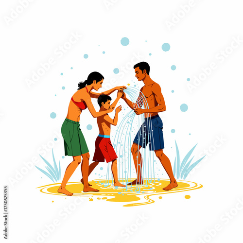 Family Enjoys Refreshing Outdoor Water Spray, Bonding and Playing in Summer Sun