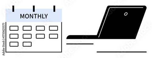 Laptop next to monthly calendar symbolizing scheduling, organizing, productivity, planning, remote work, deadline management, and work-life balance. Ideal for digital planning, time tracking