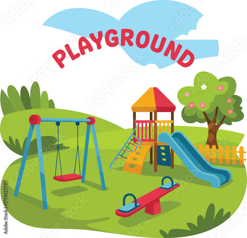 Vibrant cartoon playground scene with swings slide and seesaw