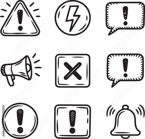 Warning alert, notification, and cancel icons hand drawn