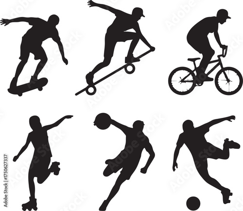 Dynamic athletes in action silhouettes: skate, bike, ball sports