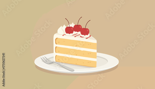 Slice of Vanilla Layer Cake with Cherries on Plate in Minimal Flat Vector Style