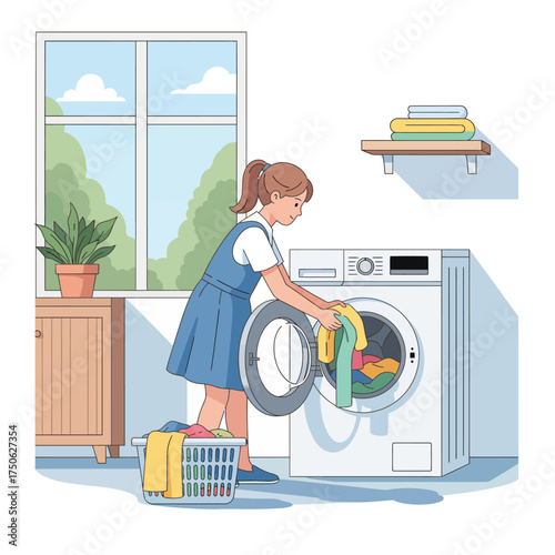A young woman puts clothes into a washing machine, illustrating household chores and laundry tasks at home.