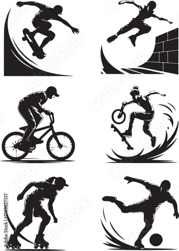 Dynamic extreme sports action silhouettes for active lifestyle