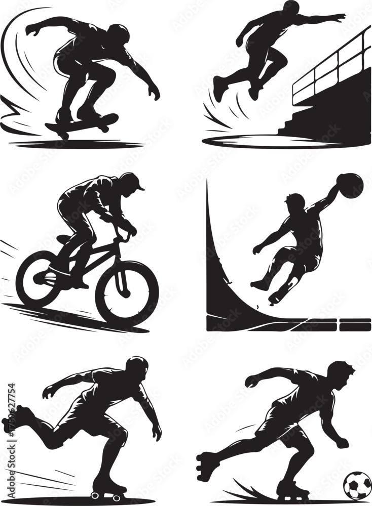 Fototapeta premium Dynamic athletes perform extreme sports action silhouettes