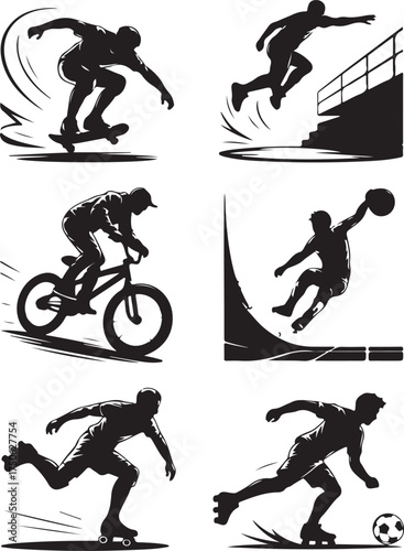 Dynamic athletes perform extreme sports action silhouettes